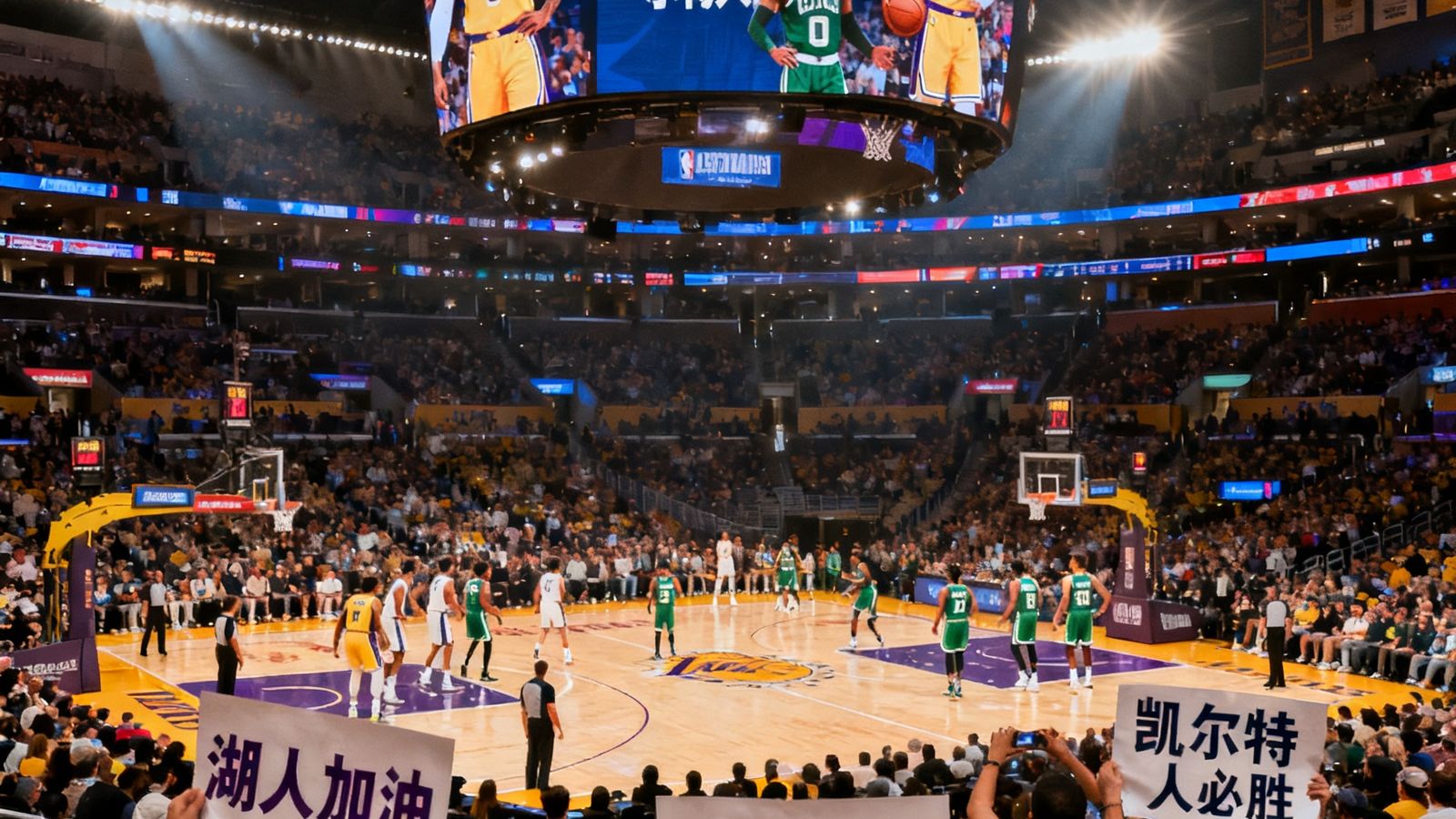 NBA常规赛洛杉矶湖人队对阵波士顿凯尔特人队的直播画面,斯台普斯中心气氛热烈